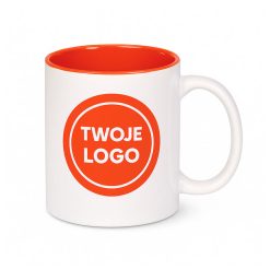 Białe kubki reklamowe z nadrukiem i kolorowym środkiem